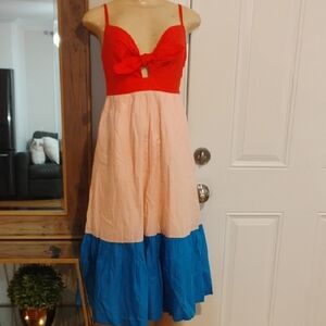 J. Crew Red, Pink & Blue Colorblock Bow Midi Dress Size 2P